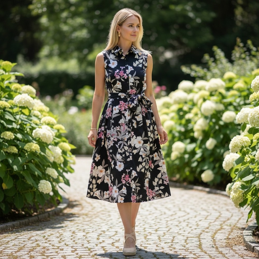Isaac Mizrahi Live Black Floral Button front Shirt Dress 14 Garden Party Preppy